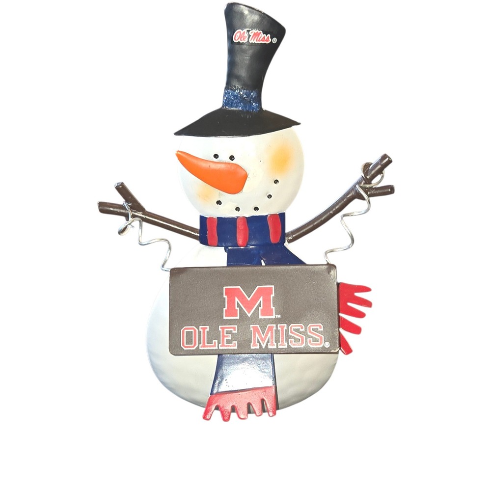 Ole Miss Rebels Snowmanโ Metal Candle Holder NCAA Holiday Decor Blue Red 8 in
